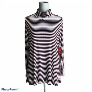 Striped Long Sleeve Tunic Top Rib Knit Turtle Neck.